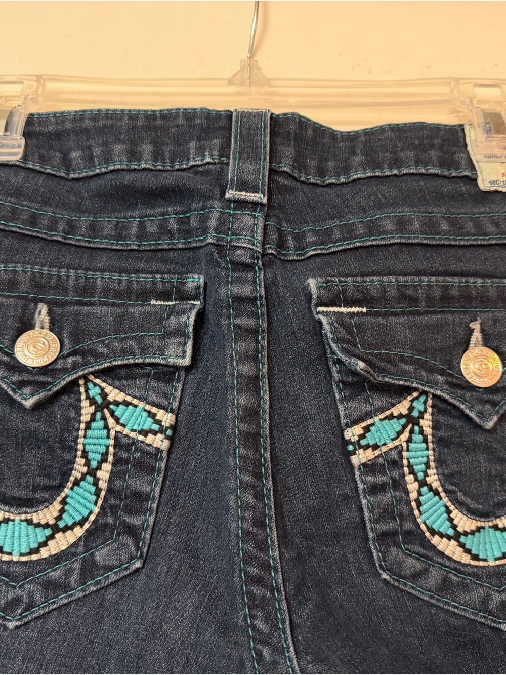 True Religion Women's Dark Indigo Skinny Jeans with turquoise trim Made In USA